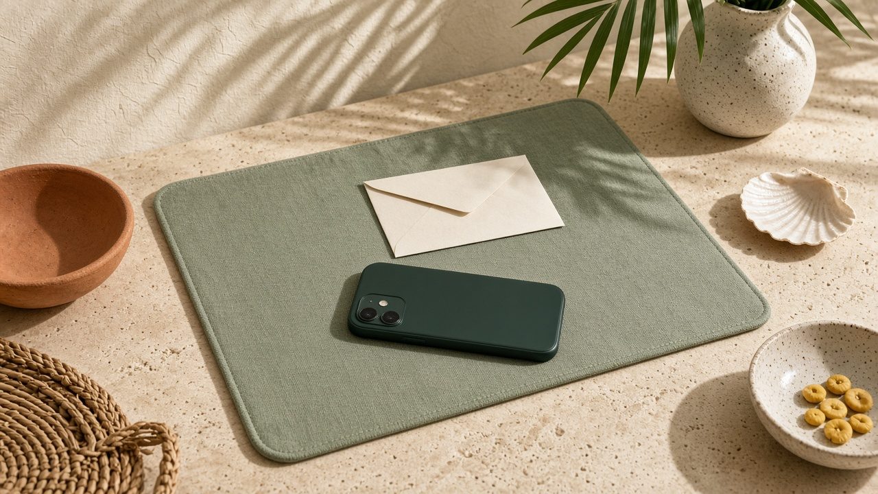 Envelope and phone on a sage linen desk pad in warm light