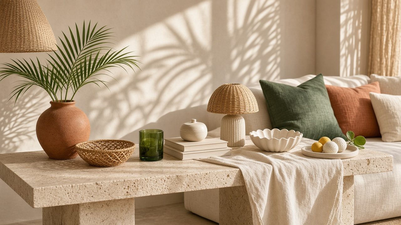 Seasonal outlet promotions on travertine and linen in warm sunlight