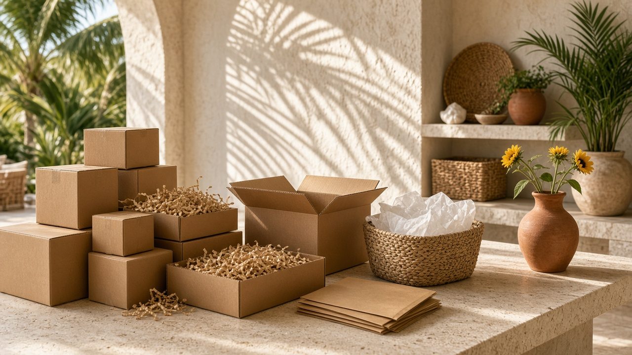 Fulfillment workspace with packed boxes and warm afternoon light